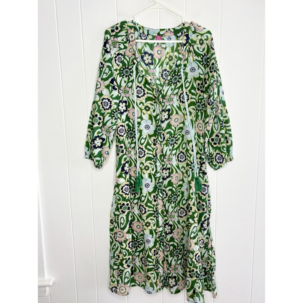 RAJ LYUDMILA DRESS Green Pink Floral 70’s Vibe Cotton India Women’s Size Medium